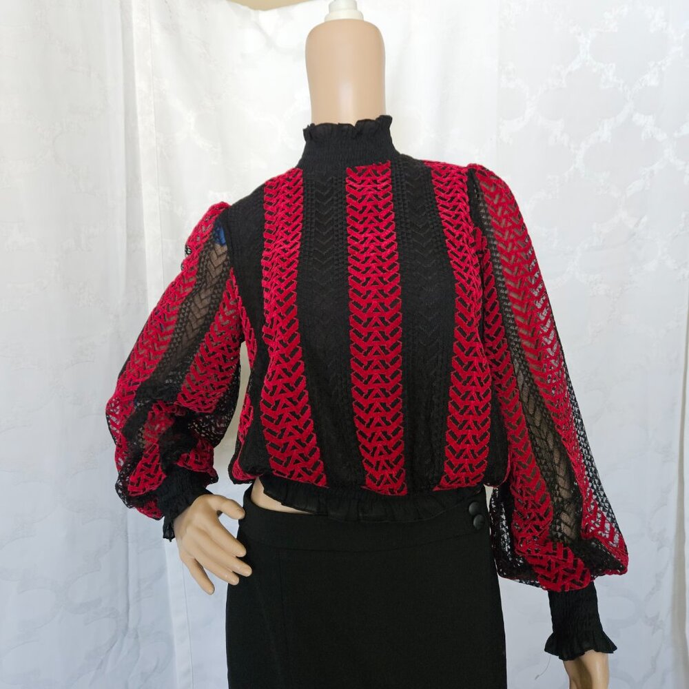 **Gracia Vintage Black Lace and Red Zigzag Long Sleeve Blouse**